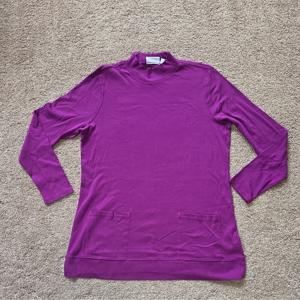 Denim & Co French Terry Tunic Top L Mock Neck 100% Cotton Pockets Purple A283538